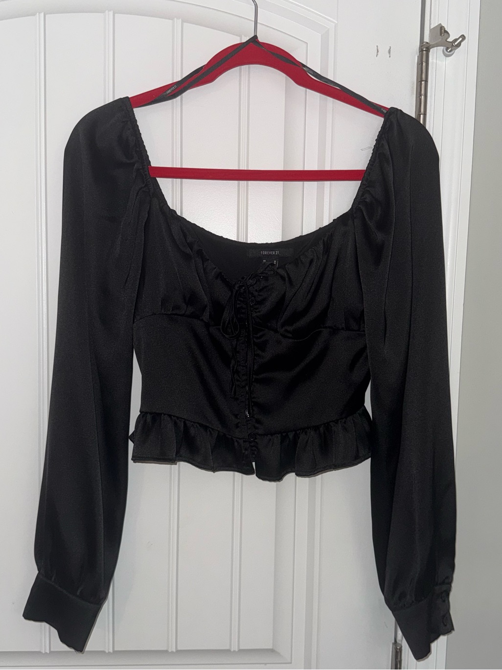 Forever 21 Black Peasant-Sleeve Satin Crop Blouse